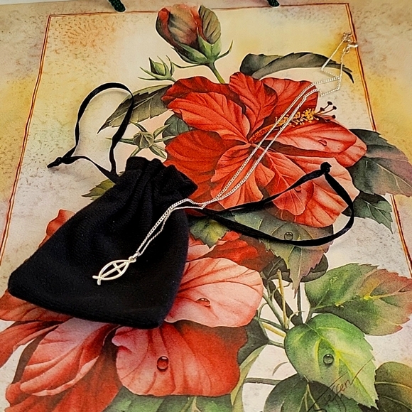 JESUS Fish Necklace, 8" STERLING CHAIN W/CROSS INSIDE FISH - Picture 1 of 4